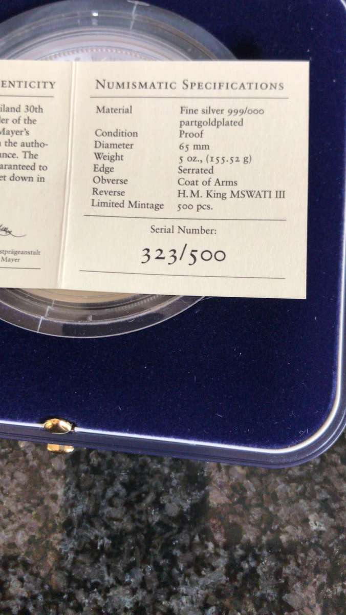 5OZ FINE SILVER 999 .SWAZILAND 30th ANNIVERSARY COIN.