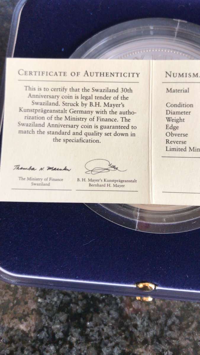 5OZ FINE SILVER 999 .SWAZILAND 30th ANNIVERSARY COIN.