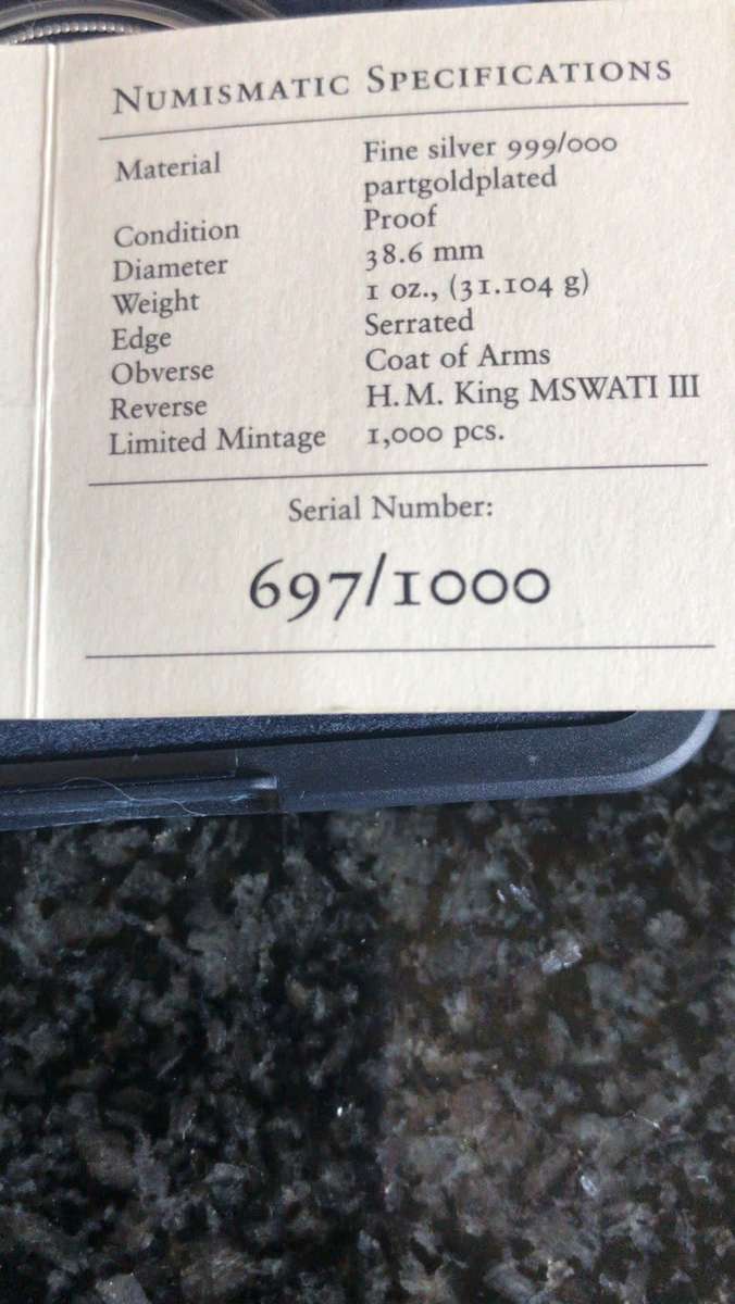 1 oz FINE SILVER 999.SWAZILAND ANNIVERSARY. MINTAGE 1000 pcs.