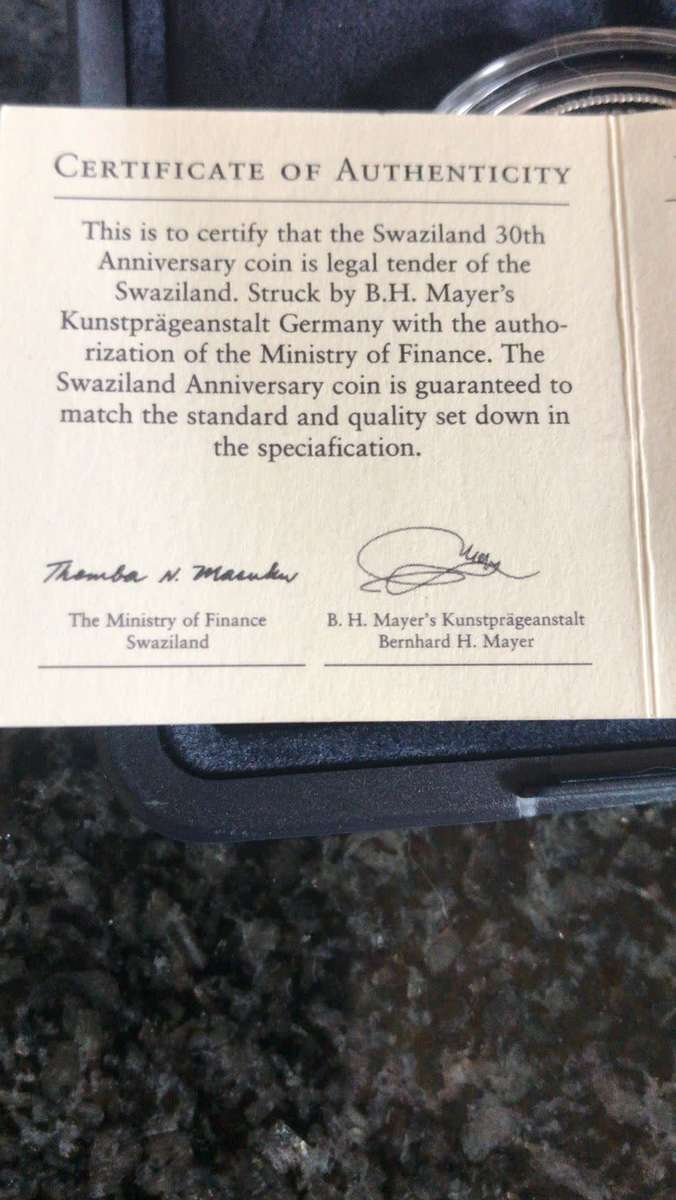 1 oz FINE SILVER 999.SWAZILAND ANNIVERSARY. MINTAGE 1000 pcs.