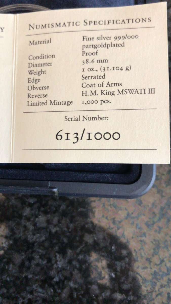 1oz FINE SILVER 999. SWAZILAND 30th ANNIVERSARY LEGAL TENDER COIN.