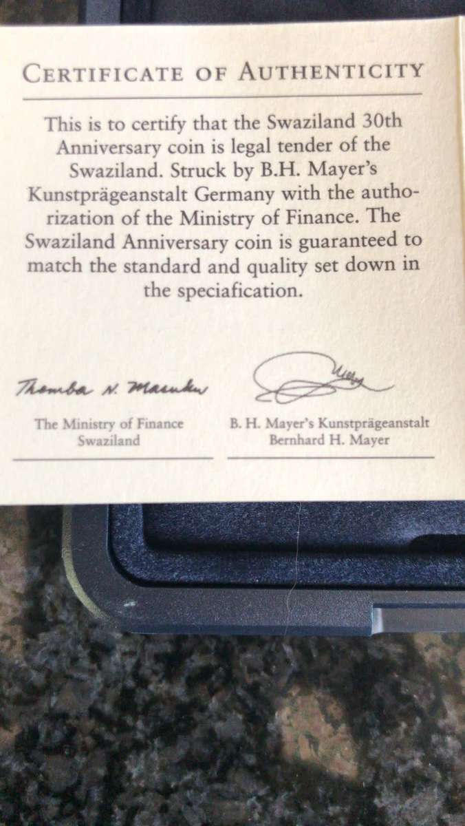 1 oz FINE SILVER 999.SWAZILAND ANNIVERSARY. MINTAGE 1000 pcs.