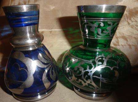 Two delicate vases with silver overlay : blue and green
