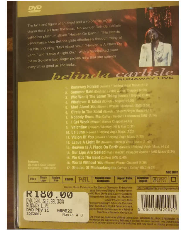 Belinda Carlisle Runaway Live 1990 DVD