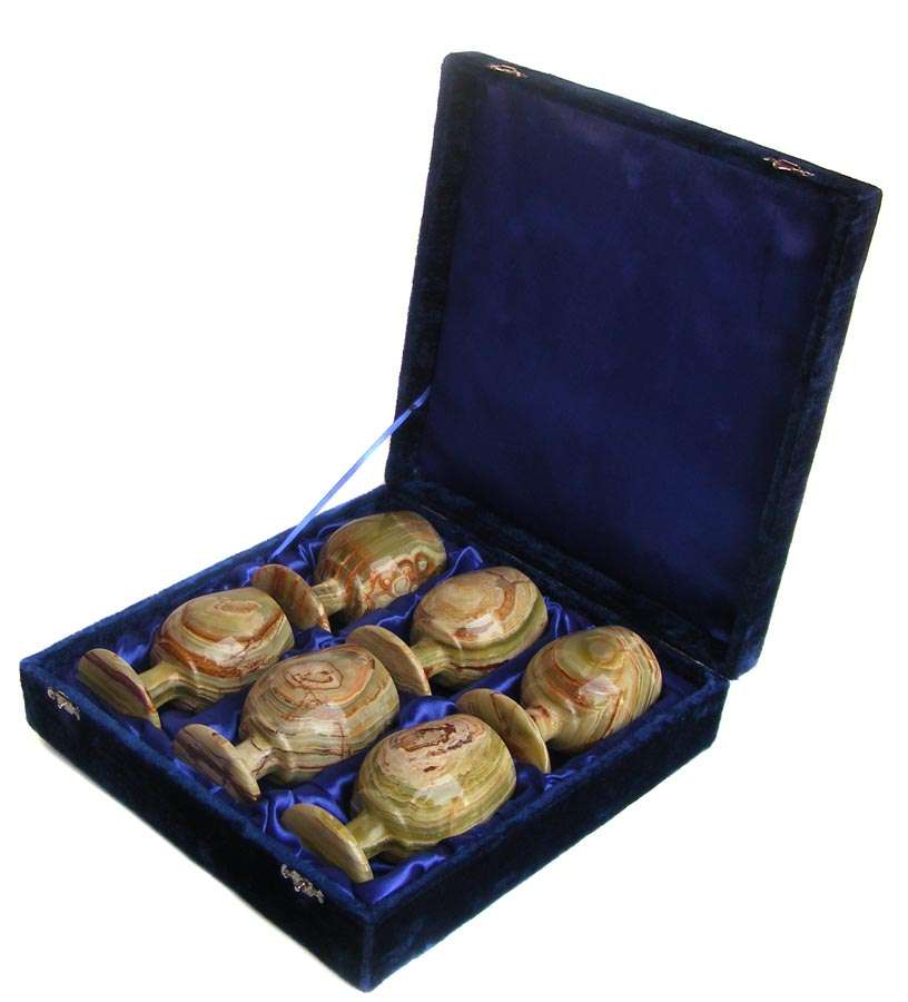 Set of 6 vintage Onyx stone goblets/wine glasses - mint condition in box