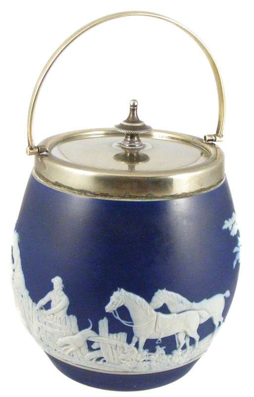 Antique 1898-1904 Tunstall Adams Blue Jasperware Biscuit Jar - Fox Hunting Scene