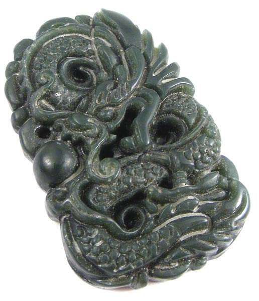 Chinese Hand Carved Green Jade Dragon Pendant - Oriental Art/Culture
