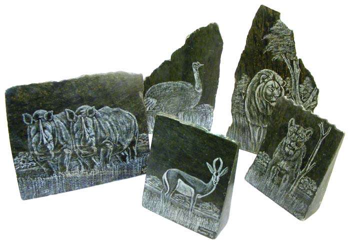Awesome Lot of 5 Hand Engraved Stone Artworks -  Lions, Ostrich, Springbuck and Rhino!