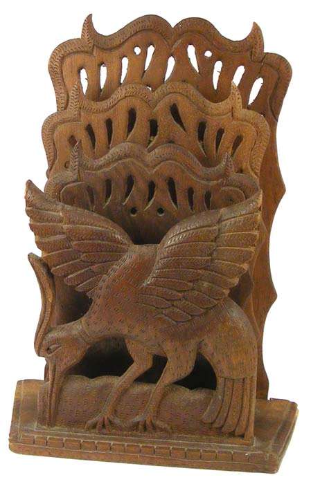 Antique Carved Wooden Letter/Document Holder - Mahogany - Bird
