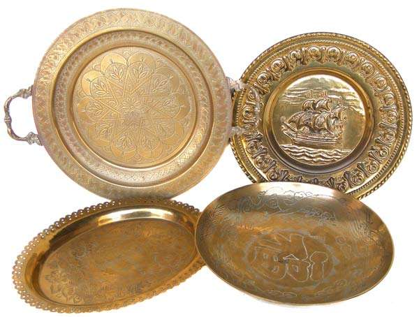 Lot of 4 Beautiful Brass Trays and Plates, Chinese Bowl - English Maritime Design Wall Plate