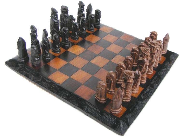 Beautiful Hand Carved African Art Chess Set - African Black Wood/ Mahogany