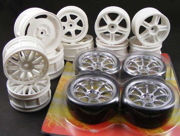 Lot of 14 1/10 on-road RC car rims - 2 sets of 4 plus 6 extras - 1 Set with drift tyres