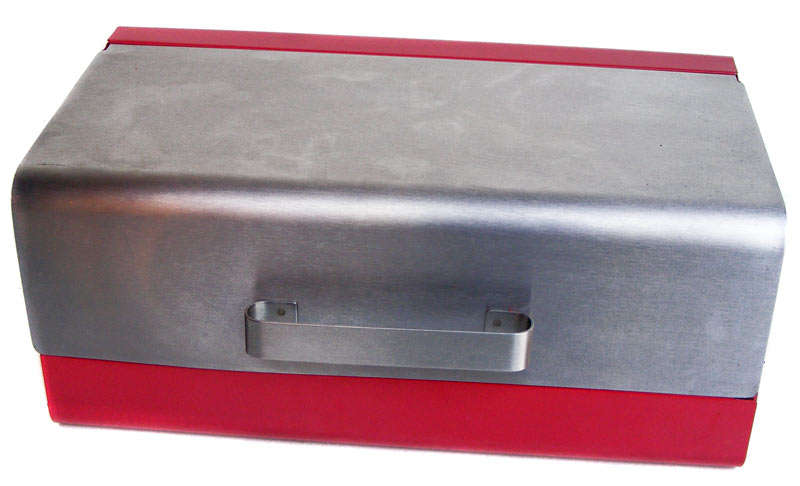 Vintage red metal and stainless steel bread bin