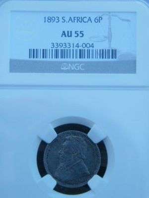 1893 ZAR 6Pence Graded AU55 by NGC - Amazing and very scarce coin!!!