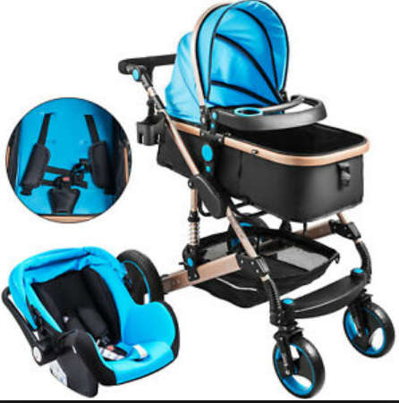 Baby Pram / Stroller - 3 Function Foldable Baby Pram with Car Seat- Blue Belecoo Brand