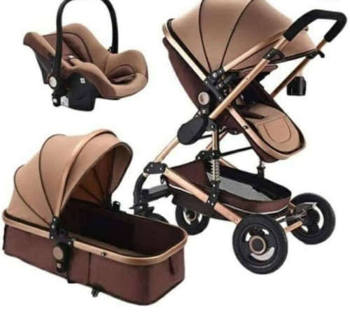 Baby Pram / Stroller - 3 Function Foldable Baby Pram with Car Seat- Khaki Chocolate Belecoo Brand