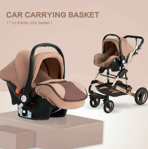 Baby Pram / Stroller - 3 Function Foldable Baby Pram with Car Seat- Khaki Chocolate Belecoo Brand