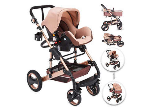 Baby Pram / Stroller - 3 Function Foldable Baby Pram with Car Seat- Khaki Chocolate Belecoo Brand