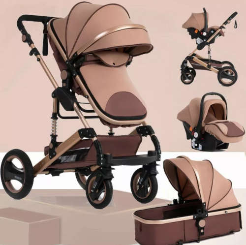 Baby Pram / Stroller - 3 Function Foldable Baby Pram with Car Seat- Khaki Chocolate Belecoo Brand