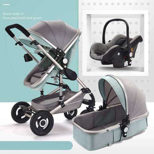 Baby Pram / Stroller - 3 Function Foldable Baby Pram with Car Seat- Mint Green & Grey  Belecoo Brand
