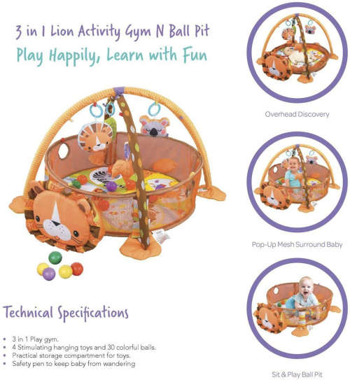 3 in 1 Baby Activity Gym and Ball Pit Play Mat, Lion