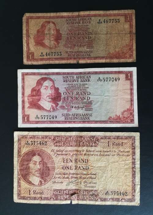 S. A. Bank Note : ONE RAND / EEN RAND : G Rissik (1x Small, 1x Medium and 1x Large Note)