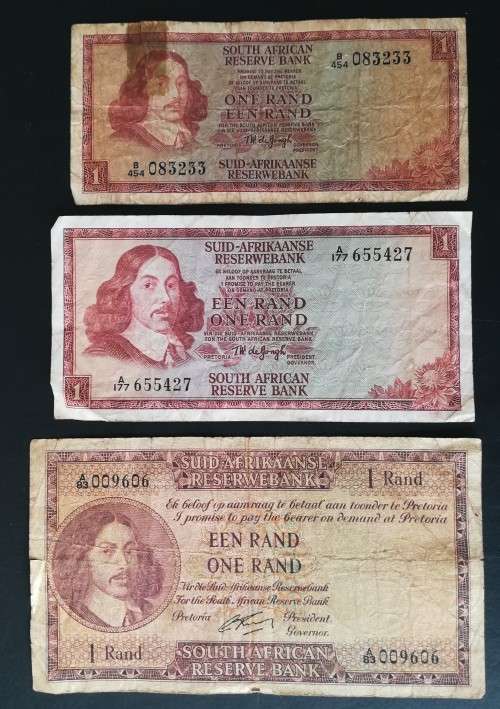 S. A. Bank Note : ONE RAND / EEN RAND : G Rissik (1x Small, 1x Medium and 1x Large Note)