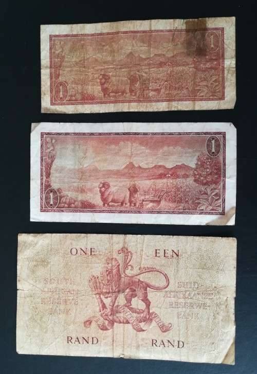 S. A. Bank Note : ONE RAND / EEN RAND : G Rissik (1x Small, 1x Medium and 1x Large Note)
