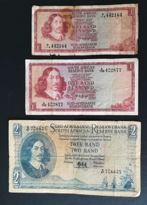 S. A. Bank Note : TWO RAND / TWEE RAND : G Rissik (+ 2 times ONE RAND / EEN RAND)