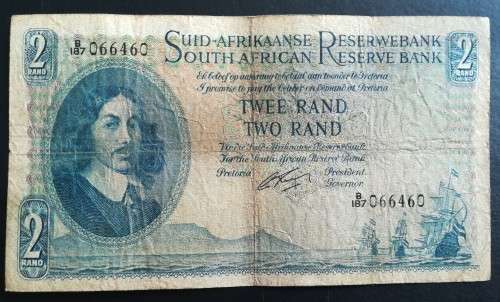 S. A. Bank Note : TWO RAND / TWEE RAND : G. RISSIK (B187-066460)