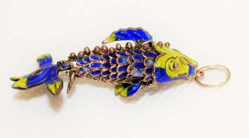 RARE !!! ENAMEL AND STERLING SILVER ARTICULATED ( MOVING ) KOI FISH PENDANT !!
