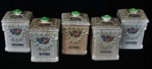 *RARE* VERY OLD SET OF FIVE CERAMIC SPICE CONTAINERS ! LOOK !!!