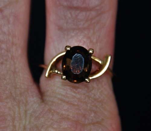 *GOLD*VERY BEAUTIFUL 15 CT YELLOW GOLD MODERNIST DESIGNER RING SET WITH LARGE SMOKEY QUARTS STONE