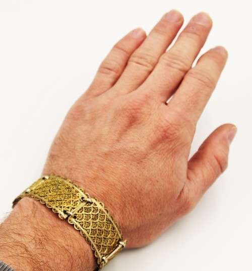 *FILIGREE*WOW ! STUNNING ANTIQUE STERLING SILVER AND GOLD GILT FILIGREE FISH SCALE PATTERN BRACELET