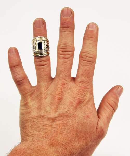 *RING*BULKY LADIES 9CT YELLOW GOLD AND STERLING SILVER THREE BAND RING