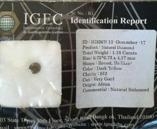 Diamond*** 1.18 Carat, Dark Yellow, Round Brilliant