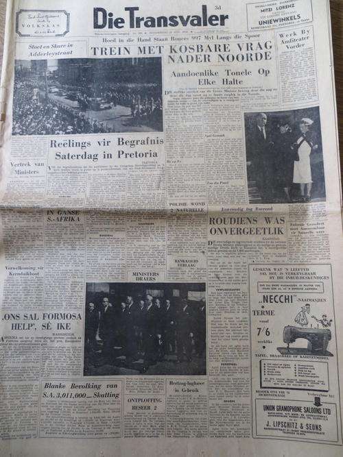 Original Newspaper 1958 "Trein met kosbare vrag nader noorde met Eerste Minister J.G Strijdom"
