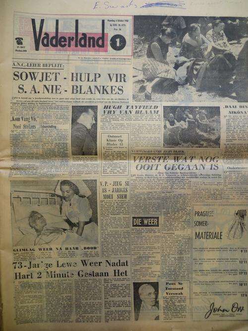 DIE VADERLAND OKTOBER 1958 ORIGINAL COMPLETE NEWSPAPER