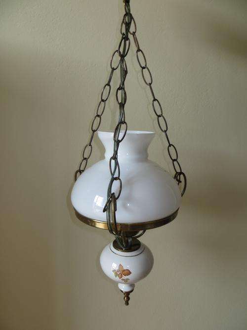 Beautiful vintage brass chandelier with porcelain bowl & glass shade