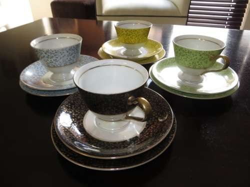 Vintage Gold Floral Porcelain lusterware 4 x tea cup trios...Beautiful Different Elegant Colours