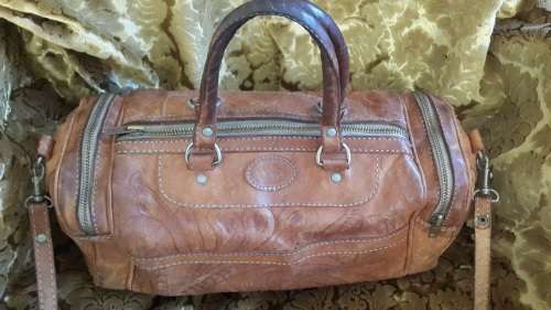 Vintage Brown Force Ten Classic Handmade Tooled Genuine Leather Sling Handbag..Beautiful Design.