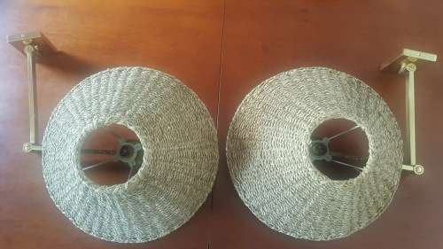 Antique Style Brass Swing Arm Wall Lights with Wicker Shades