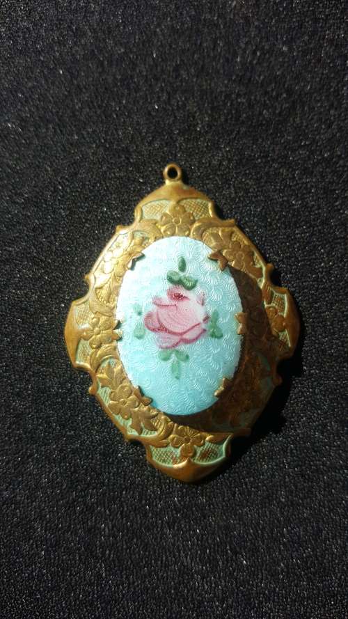 ANTIQUE ORNATE BRASS AND ENAMEL HANDPAINTED ROSE