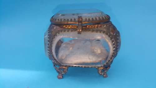 Antique French Beveled Glass Casket Trinket Box/Brass Filigree Footed