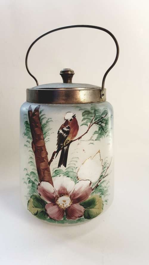 ANTIQUE GLASS BISCUIT JAR HAND PAINTED METAL LID & HANDLE