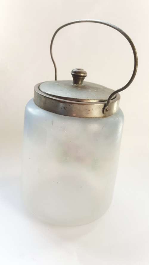 ANTIQUE GLASS BISCUIT JAR HAND PAINTED METAL LID & HANDLE