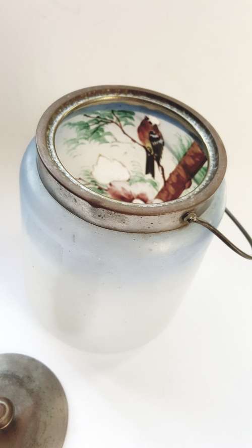 ANTIQUE GLASS BISCUIT JAR HAND PAINTED METAL LID & HANDLE