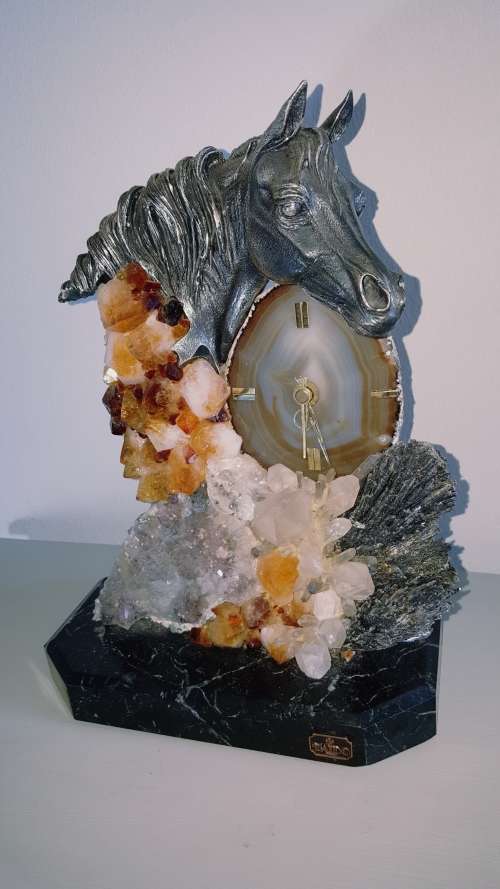 BEAUTIFUL PEWTER HORSE MARBLE AND CRYSTAL/GEMSTONE MANTEL CLOCK
