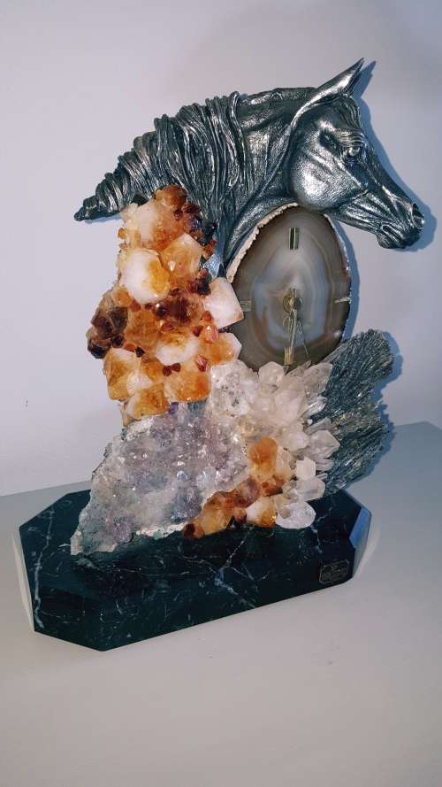 BEAUTIFUL PEWTER HORSE MARBLE AND CRYSTAL/GEMSTONE MANTEL CLOCK