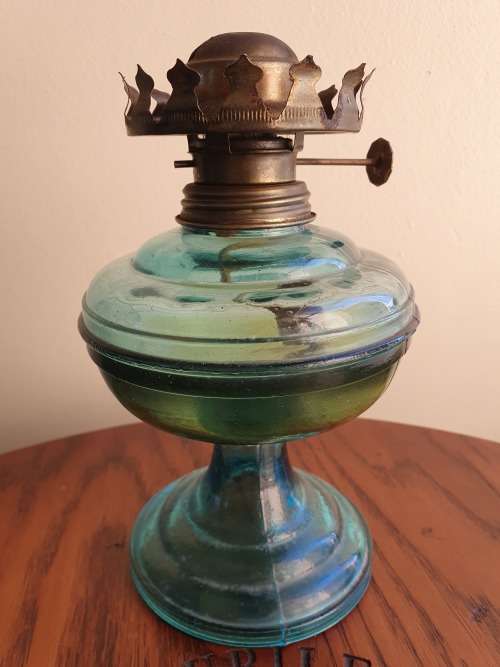 Vintage Blue Glass paraffin Oil Lamp made in Hong Kong